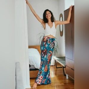 FARM Rio Anthropologie Gabriela Knit Maxi Skirt Small Boho Floral Teal Blue